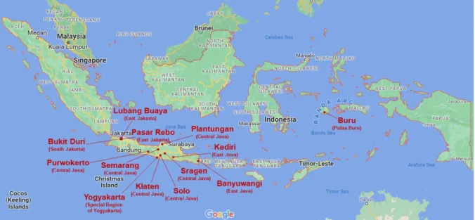 Figure 5. Map of Indonesia with annotations of places mentioned in ‘The Silent Song  of the Genjer Flowers’ and Faiza Mardzoeki’s accounts of her interviews with the  surviving 1965 women political prisoners