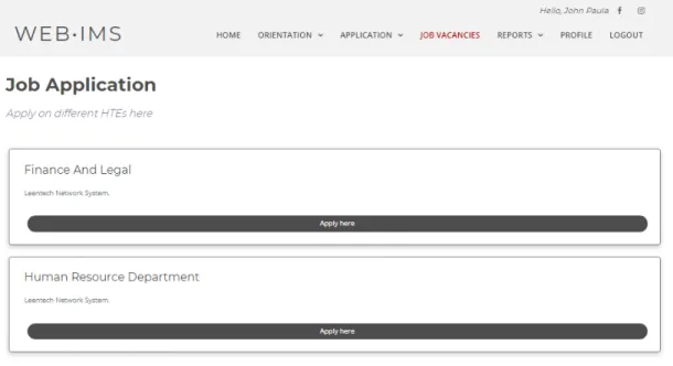 Figure  5.  Feature  of  the  system  that  allows  the  student  to  choose  from  the  internship vacancies posted by the affiliated HTEs