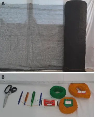 Figure 5. Materials essential for nursery net construction (A) B-net,  0.5 cm mesh size (B) common materials (nylon thread, evelon cord,  PE rope #10, nylon line,  and fishing net needle)