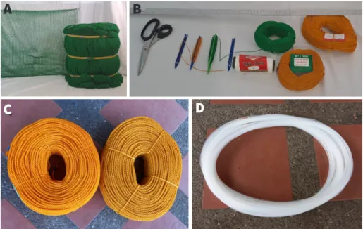 Figure 7. Materials essential for the fabrication of grow-out net (A) Polynet #14, PE, (B, C, D) common  materials (nylon thread, evelon cord, PE rope # 10, nylon line, and fish net needle)