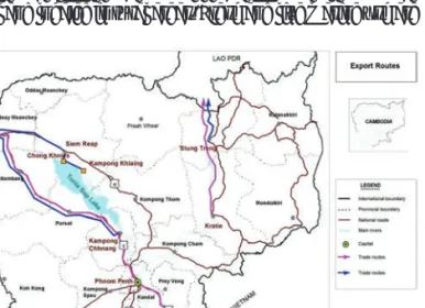 Figure 5. Export routes of inland fish and fishery products  from Cambodia: Blue arrow indicates direct route and the pink 