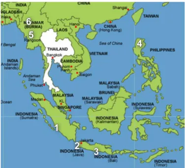Fig 2. Map of study sites: 1.Bengkulu, 2.Palabuhan Ratu, and   3. Cilacap (in Indonesia); 4.Aparri River, Cagayan (in Philippines); 