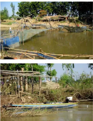 Fig. 4. Samples of illegal structures in Yom River: giant lift net  (above) and bush-park (below)