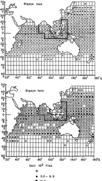 Fig.  17  Geographical  distribution  of  skipjack  tuna  based  on  the  hooking-rate  of  Japanese  long-  line catch in 1965  (Kasahara,  1968).