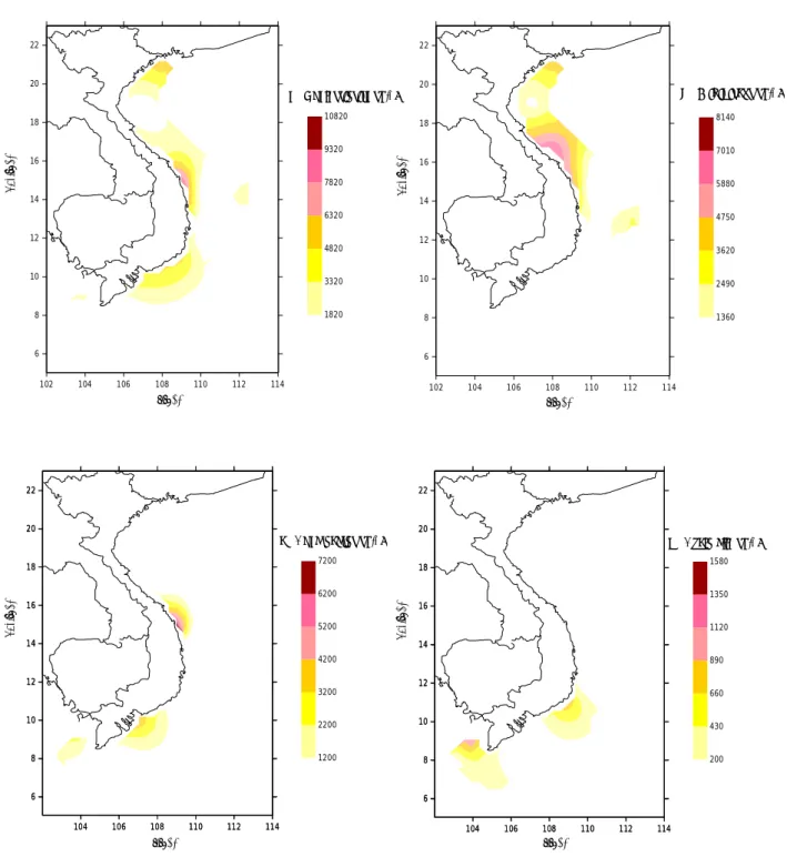 Fig. 2.1.  Distribution of the centric nanodiatom genera (a) Thalassiosira, (b) Minidiscus, (c) Chaetocerosand (d) Cyclotella in the Vietnamese waters of the South China Sea (April-June 1999 cruise survey).
