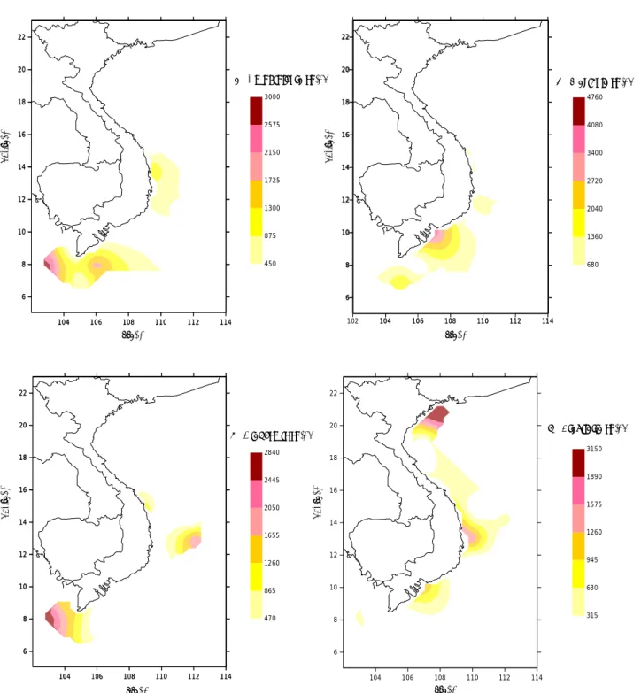Fig. 2.3. Distribution of the pennate nanodiatom genera (a) Amphipleura, (b) Navicula, (c) Diadesmis and (d) Fragilaria in the Vietnamese waters of the South China Sea ( April-June 1999 cruise survey).