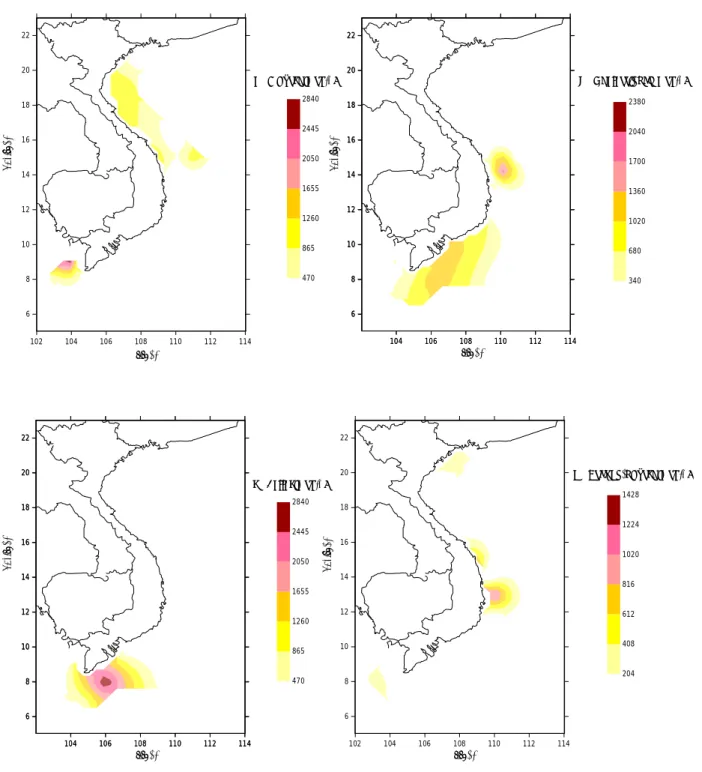 Fig. 2.4.  Distribution of the pennate nanodiatom genera (a) Nitzschia, (b) Thalassionema,  (c) Fallacia and (d) Pseudo-nitzschia in the Vietnam waters of the South China Sea (April /June 1999 cruise survey).