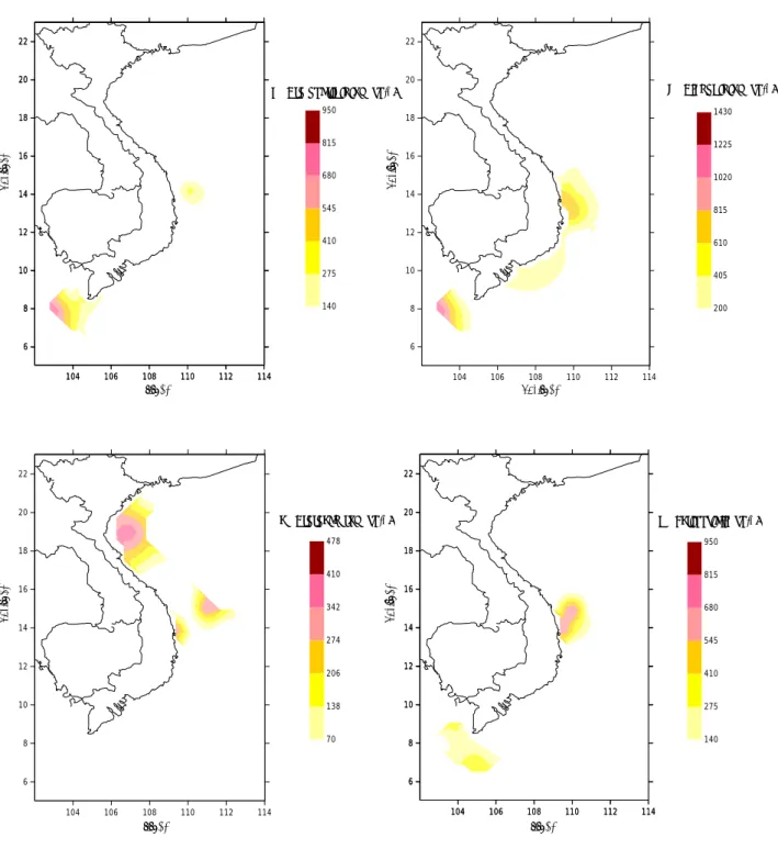 Fig. 2.6. Distribution of the nanodinoflagellate genera (a) Protoperidinium, (b) Planodinium, (c) Prorocentrum and (d) Scrippsiella in the Vietnamese waters of the South China Sea (April - June 1999 cruise survey).