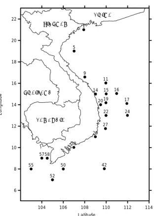 Fig. 1.  The map showing the sampling stations in the Vietnam waters of the South China Sea (cruise April-June 1999).