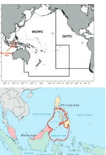 Figure 4. (above) WCPFC and IATTC Convention Areas and the  location of the Sulu-Sulawesi Seas (SSS); (below) Sulu-Sulawesi  Sea (formerly known as Sulu-Celebes Sea), SEAFDEC Sub-regional  area bordered by the Philippines, Indonesia, and Malaysia, a very 