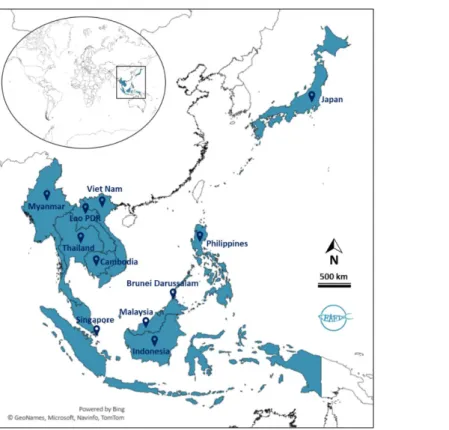 Figure 3. Study area in the ASEAN-SEAFDEC Member Countries (Brunei Darussalam, Cambodia,  Indonesia, Japan, Lao PDR, Malaysia, Myanmar, Philippines, Singapore, Thailand, and Viet Nam) 