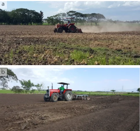 Figure 2. Plowing of the field before (a) and during laser leveling (b).