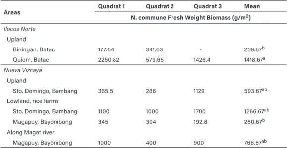 Table 1. Fresh weight biomass of N. commune harvested in collection sites.