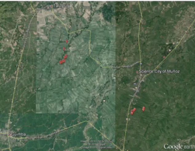 Figure 1. Map showing the location of the sampling areas. I stands for irrigated lowland in Brgy