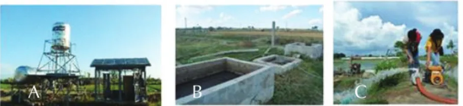 Figure 3. A) Solar powered water pump, B) Biogas digester, and C)  Bioethanol powered  water pump.