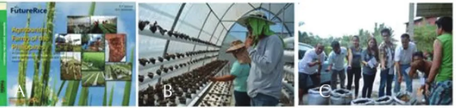 Figure 1. A) Agritourism book (version 1), B) Farm visit to CLSU Hydroponics,  and C) Farm visit to Penalosa Farm.