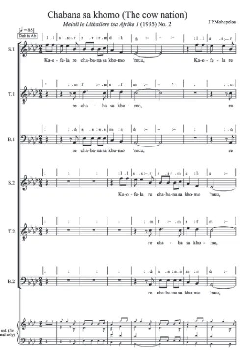 Figure 7: Chabana sa khomo, transcribed by Christine Lucia into dual staff-solfa notation (page 1 of next 7 pages)