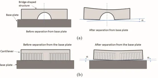 Figure 9.3. Measurements of residual stress by curvature method: with bridges (a) and  with cantilevers (b)