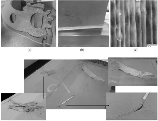 Figure 9.5. Defects in L-PBF parts during manufacturing: (a) delamination from the  supports and deformation during processing Ti6L4V alloy; (b) delamination from the 