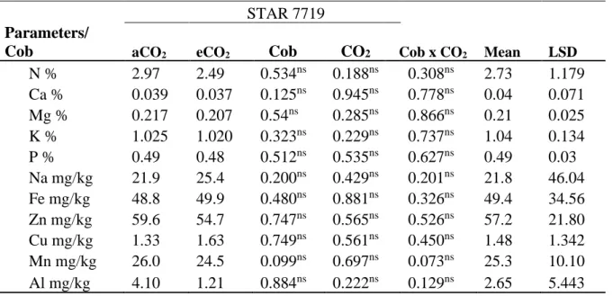 Table 4.2 Effect of eCO 2  on mineral nutrients in all of the cob (top, middle, and bottom)  parts of sweetcorn (‘STAR7719’) cobs