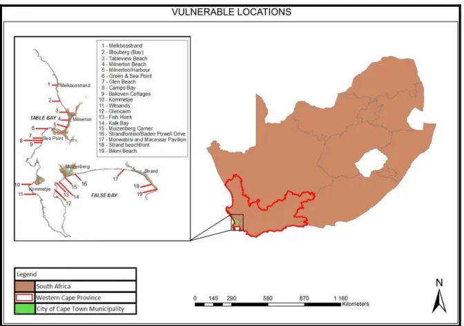 Figure 6 Vulnerable Cape Town coastline locations  Source:(Colenbrander et al., 2014) 