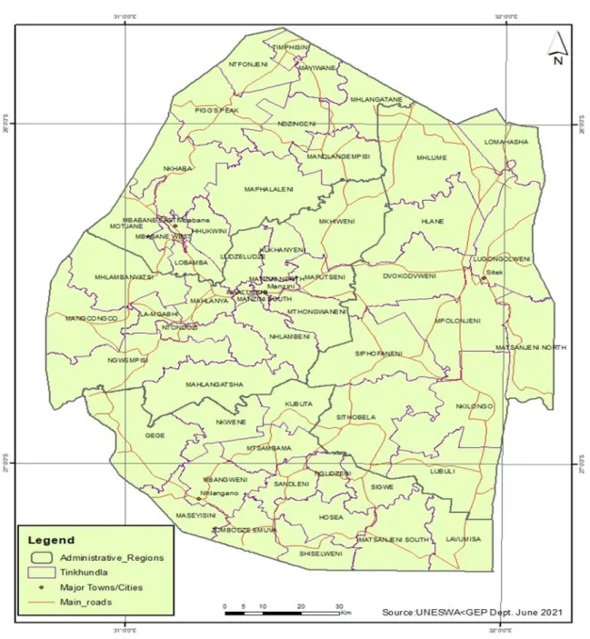 Figure 2.1: Map showing geographical and Thinkundla boundaries of Eswatini 