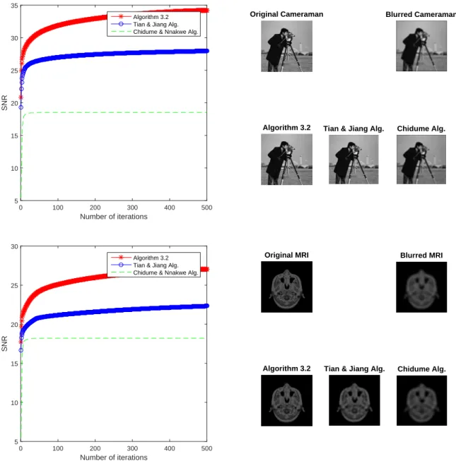 Figure 4.3. Comparison for Numerical results for image restoration problem 4.140: Top: