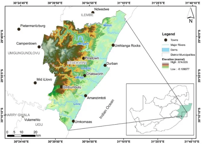 Figure 2.3. Digital Elevation Model (DEM) and drainage map of the eThekwini District  Municipality (from eThekwini Water and Sanitation, 2019) 