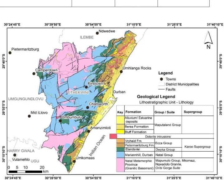 Figure 2.6. Simplified geological map of the eThekwini District (modified from the Council  for Geoscience, 2016) 