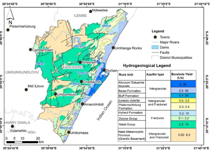 Figure 2.7. Simplified hydrogeological map of the eThekwini District (modified from the  DWAF, 1998) 