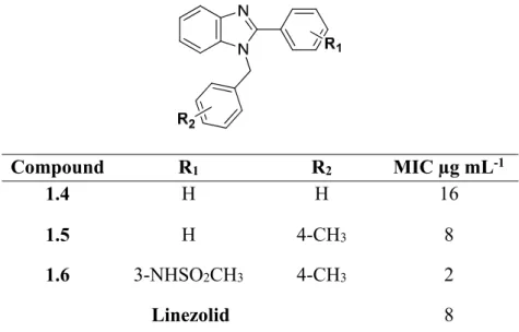 Figure 1.7  Structure of 1,2-benzimidazoles (1.4-1.6) showing antibacterial activity against  TolC–mutant E
