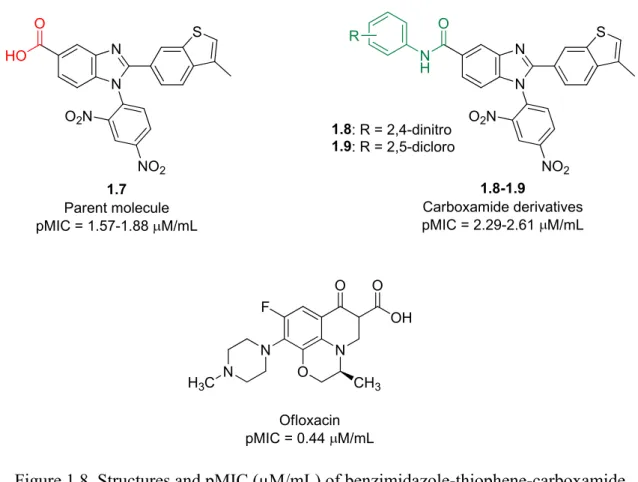 Figure 1.8  Structures and pMIC (µM/mL) of benzimidazole-thiophene-carboxamide  derivatives 