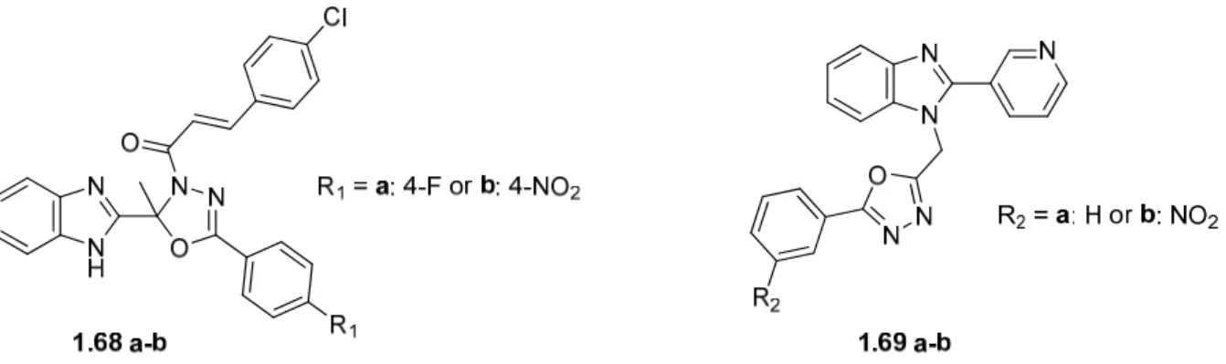 Figure 1.31  Chemical structures of benzimidazole-oxadiazole hybrids possessing various  biological activities 