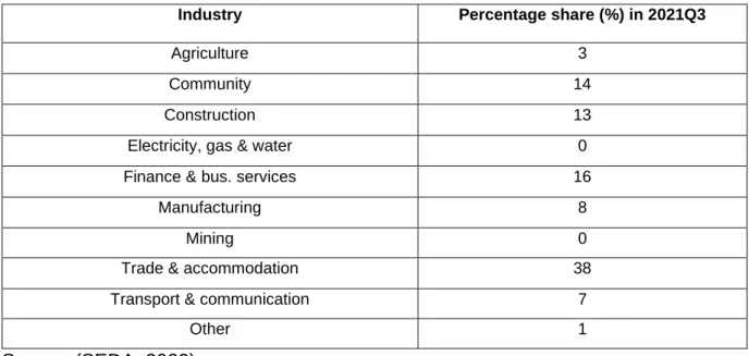 Table 2.7: The distribution of SMMEs by industry 2021Q1 
