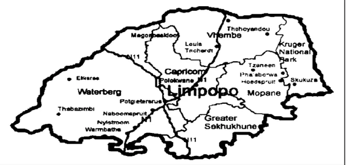 Figure  4  shows  a  map  of  Limpopo  province,  with  the  5  districts  which  constitute  the  province