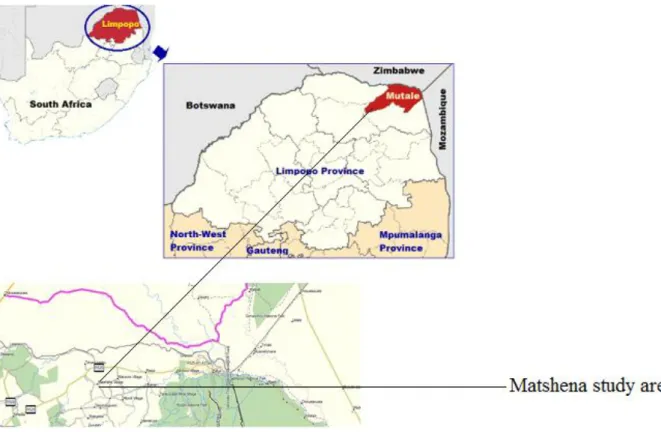 Figure  3.1:  Map  of  South  Africa  showing  the  position  of  Mutale  Local  Municipality  in  Limpopo Province and the Matshena village study site
