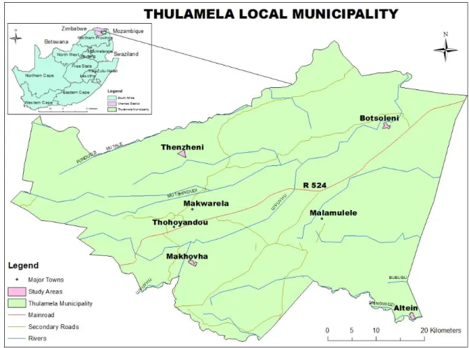 Fig 1.1: Map of Thulamela Local Municipality showing the study areas. 