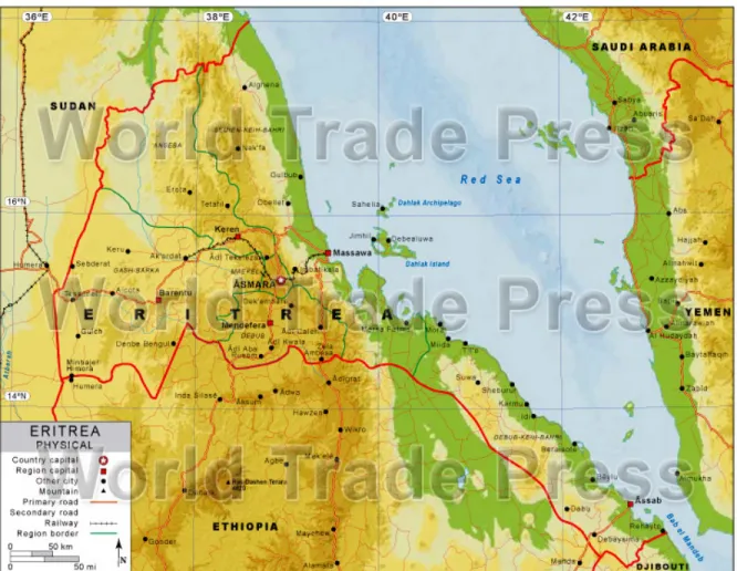Figure 2. Eritrea: Physical features. From “World Trade Press,” 2012. (Google Maps) Reprinted  with permission.