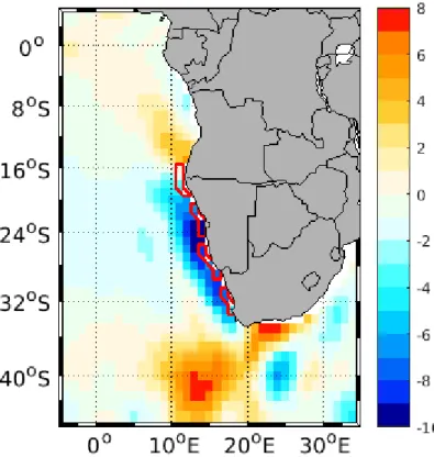 Figure 2.2: Zonal SST gradient (°C/1000km) of long-term mean of OISST from 1982-2017. The red  lines delimit the four domains used for analysis: ABF, NB, CB, and SB