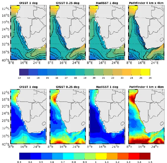 Figure 3.1: Top panel: Annual mean of SST for the period 1982 to 2017 computed with OISST1,  OISST0.25, HadISST (1°×1°), and Pathfinder (4km × 4km) from left to right respectively