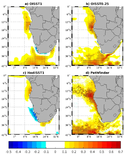 Figure 3.6: Linear trend in annual mean SST for the period 1982-2017 for a) OISST1, b) OISST0.25,  c) HadISST1, and d) Pathfinder