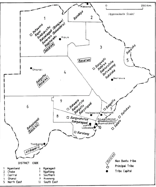 Figure 1.3.c Botswana Tribal Distribution by District (Nyati-Ramahobo, 1999, p. 83) 