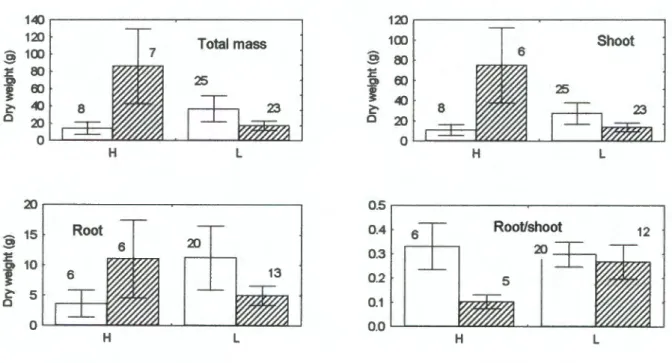 Figure 5:  Biomass and biomass allocation for P.  sericea  grown under  ambient (  f--)..~d elevated ( ~ 2  supply, in  unshaded (H)  and shaded (L)  pots