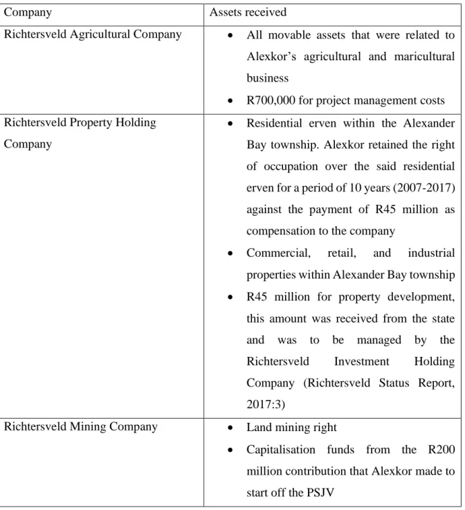 Table 6.1: Companies established to receive assets from Alexkor  
