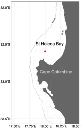 Figure 4.1. Map of St. Helena Bay on the west coast of South Africa, where the experimental  site for this study is indicated by a red dot