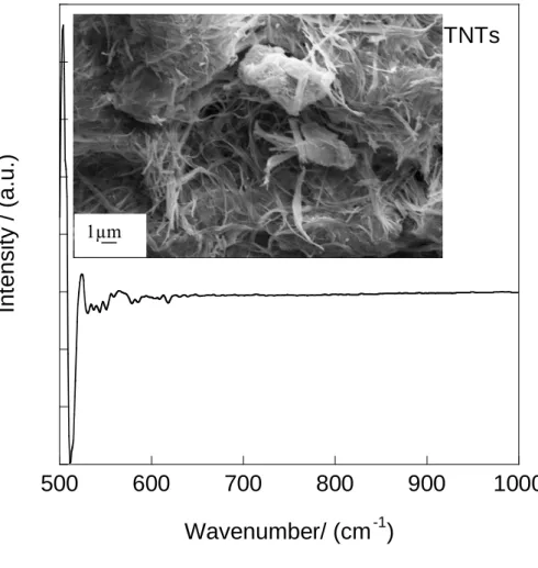 Figure 8.1 The scanning electron microscopy images and FT-IR spectra of titanium dioxide  nanotubes synthesized using hydrothermal conventional heating method at 150 °C and annealed  at 300 °C