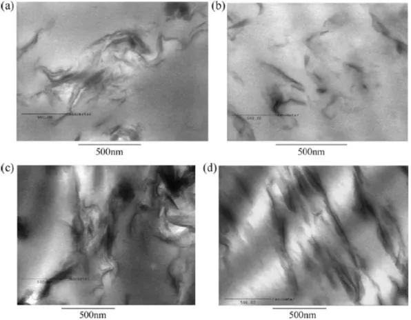 Figure  2.3  TEM micrographs for Nafion membranes filled with 2 wt% of: (a) CNa + , (b) CH + ,  (c) C25A, and (d) C30B