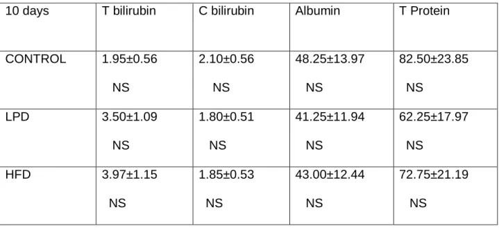 Table 4.9.2 Serum Protein (g/l), Albumin (g/l), Congugated bilirubin (umol/l) and total  bilirubin (umol/l) after 10 days 