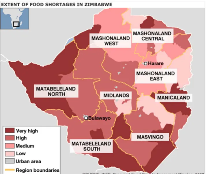 Figure 2: Map of extent of food shortages in Zimbabwe (Source; WFP, Crop and Food Supply  assessment mission, 2007)  