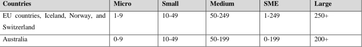 Table 2.1: Distribution of firms by number of employees in different countries 